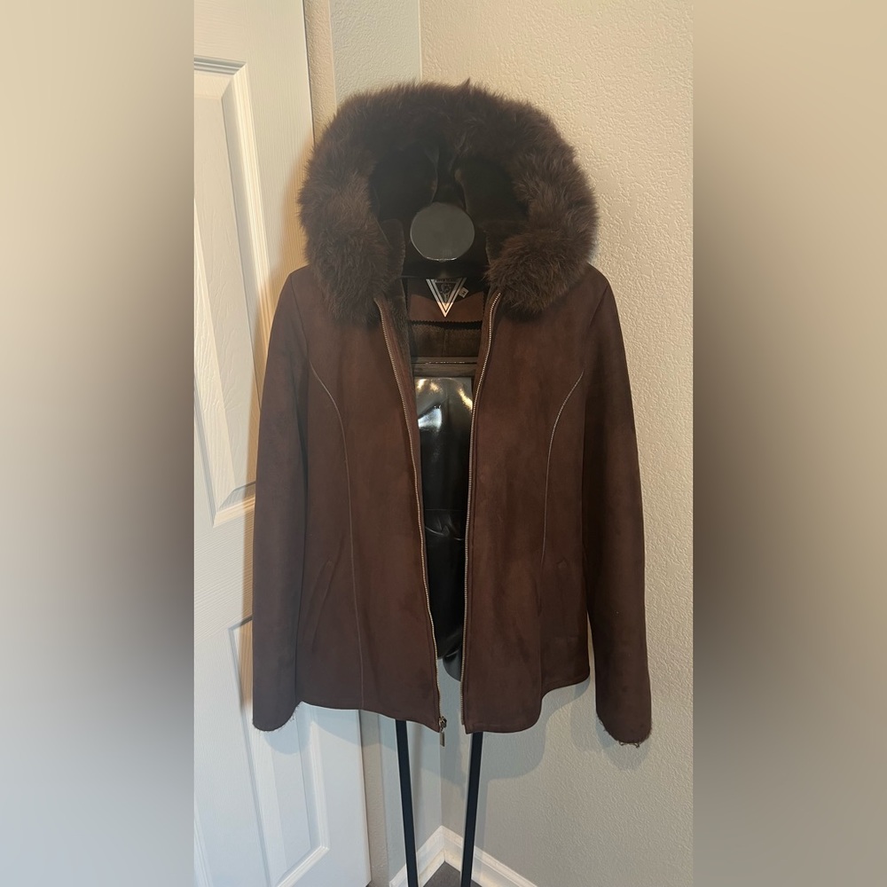 Blue Fox Fur-Brown Suede Coat Jacket MEDIUM